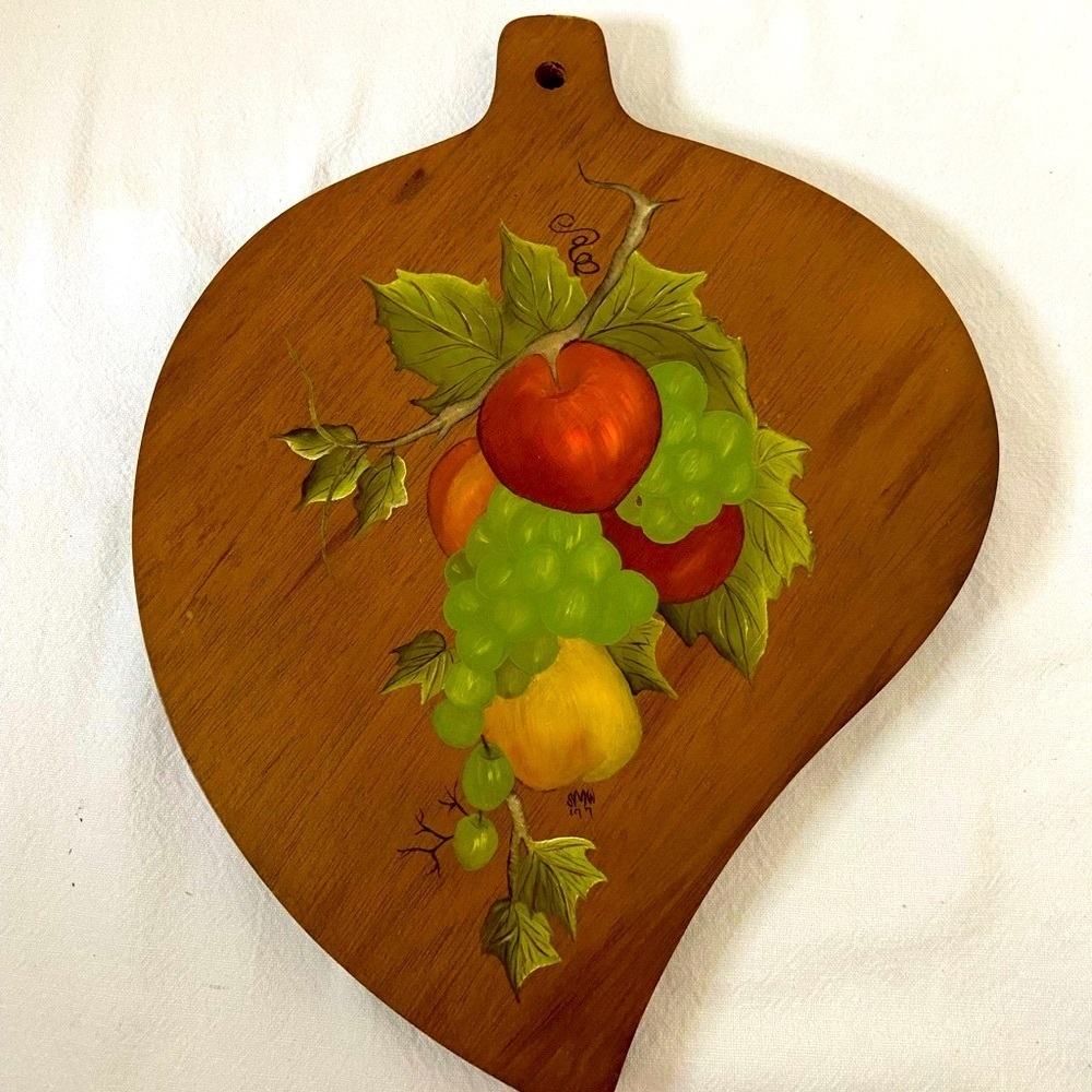 Vtg Action Lobeco Monkey Pod Wood Cutting Board Hand Painted Fruit Phiippines